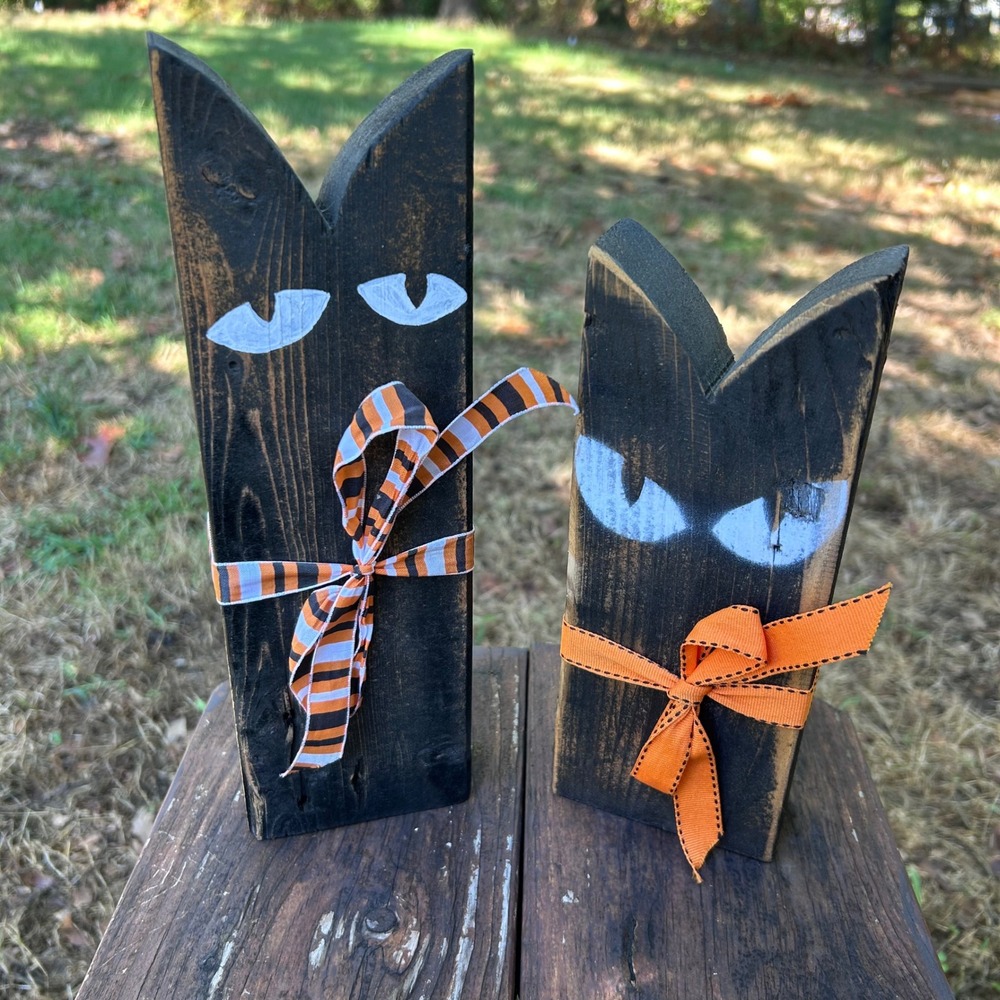 Rustic Black Cats Wood Halloween Decor Set Primitive Hand Painted Fall Decor